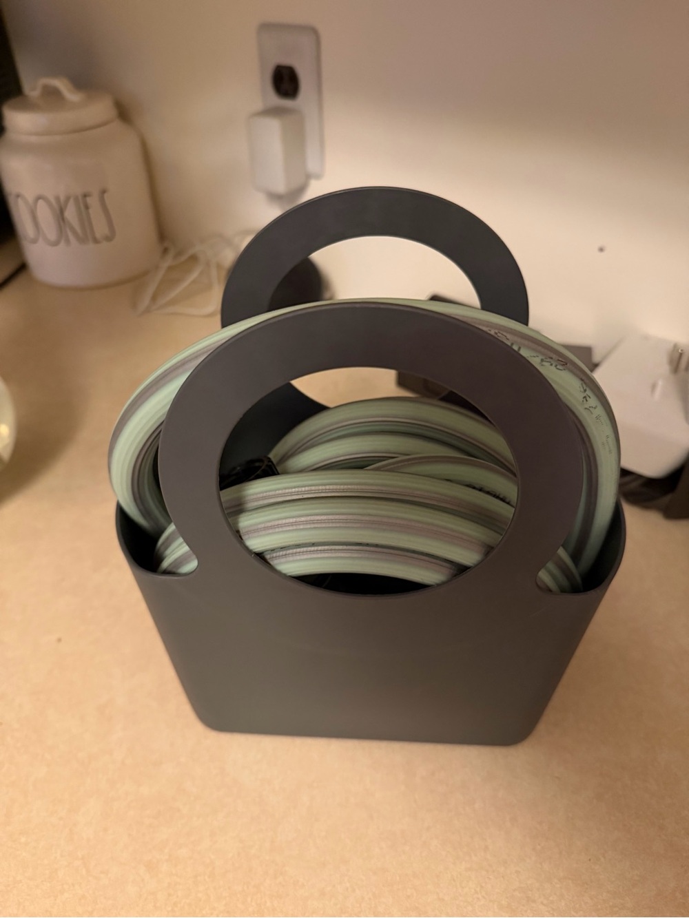 Gray Herb Garden Hose Caddy with Mint Green Hose